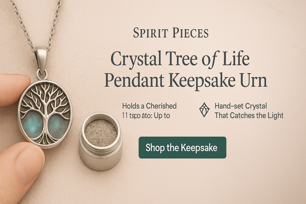 Close-up of the Spirit Pieces Crystal Tree of Life pendant keepsake urn necklace, featuring a hand-set blue crystal and small container for cremation ashes, shown against a soft beige background.